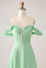 Charger l&#39;image dans la galerie, Robe de demoiselle d’honneur corset à épaules dénudées verte A Line avec volants