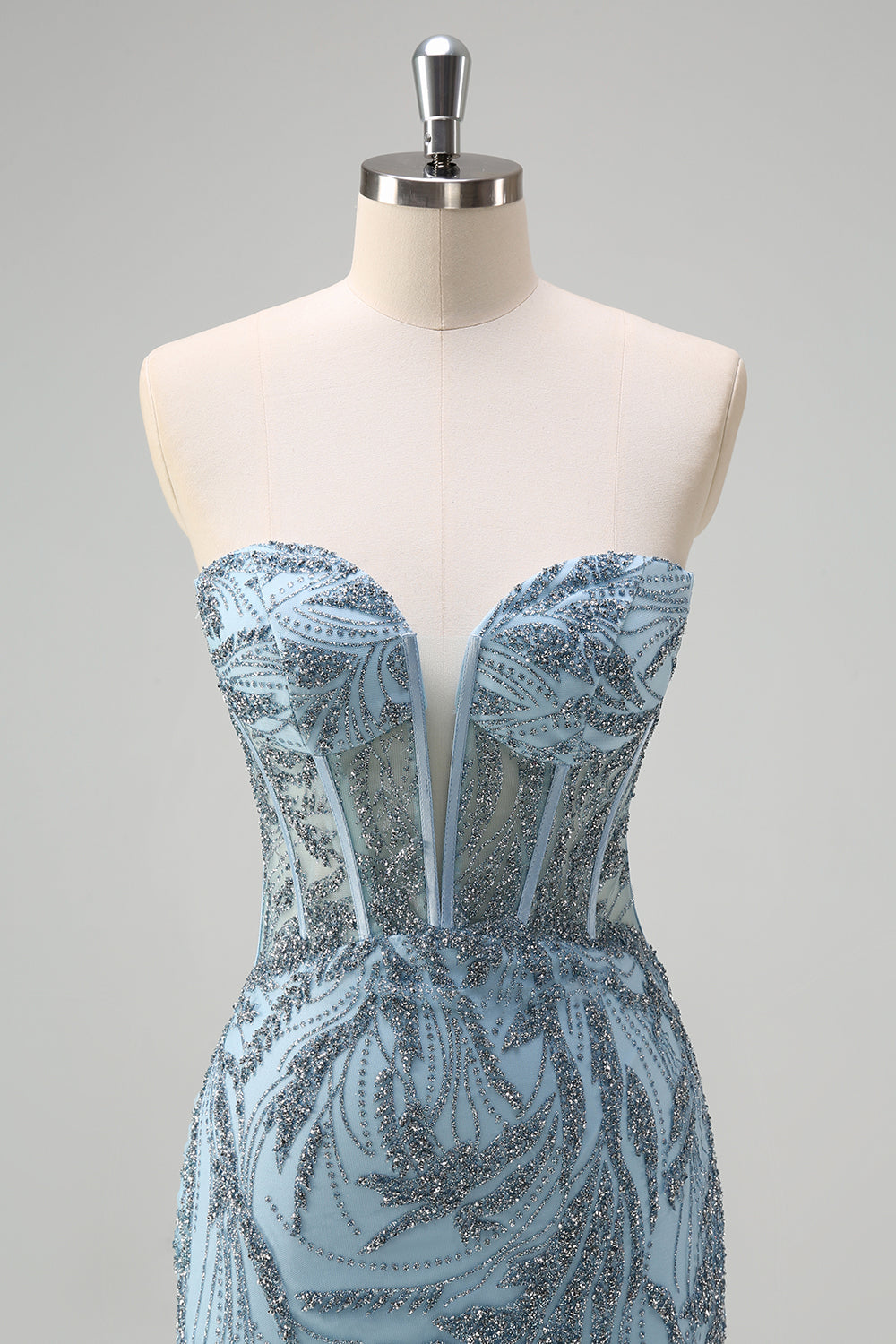 Robe de bal longue perlée corset sirène bleu clair scintillante avec fente