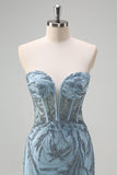 Robe de bal longue perlée corset sirène bleu clair scintillante avec fente