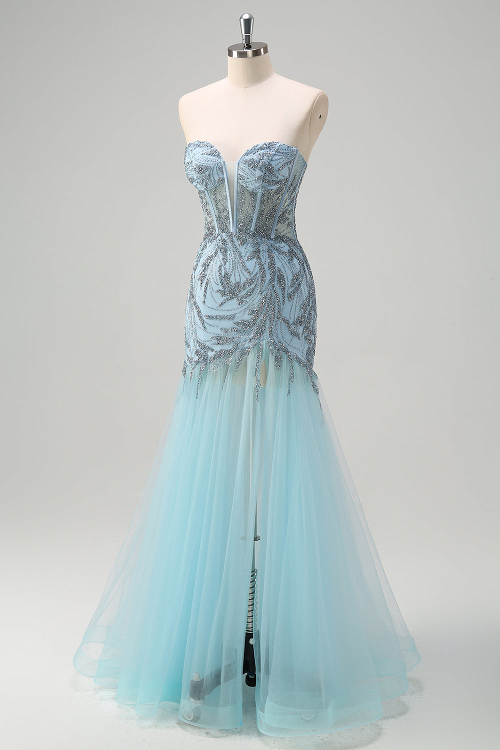 Robe de bal longue perlée corset sirène bleu clair scintillante avec fente
