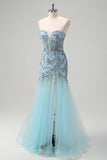 Robe de bal longue perlée corset sirène bleu clair scintillante avec fente