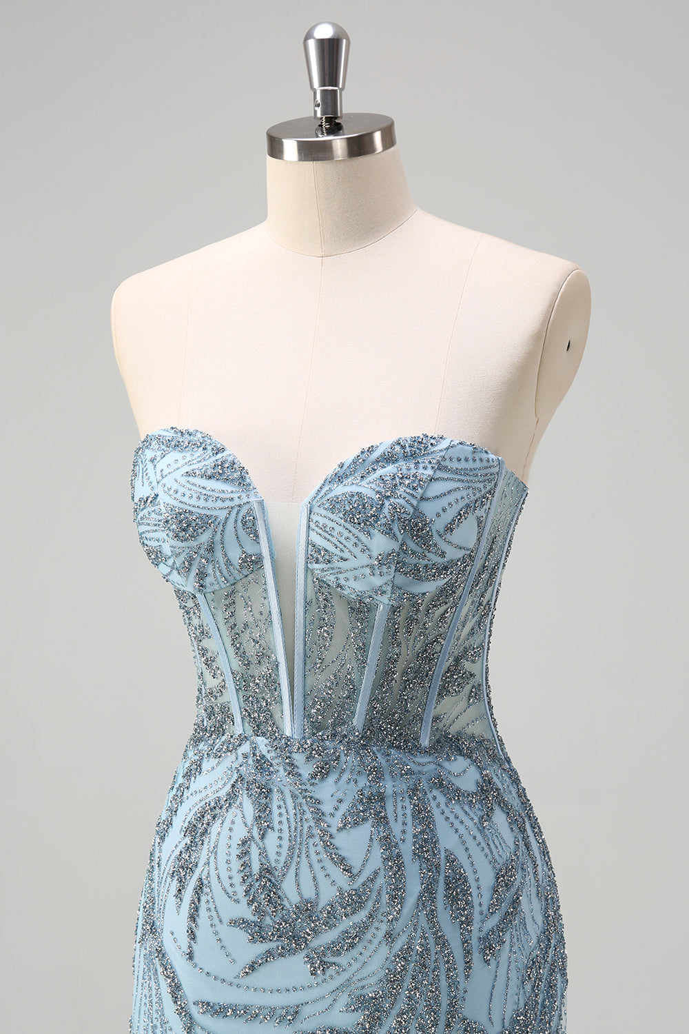 Robe de bal longue perlée corset sirène bleu clair scintillante avec fente