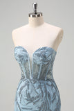 Robe de bal longue perlée corset sirène bleu clair scintillante avec fente