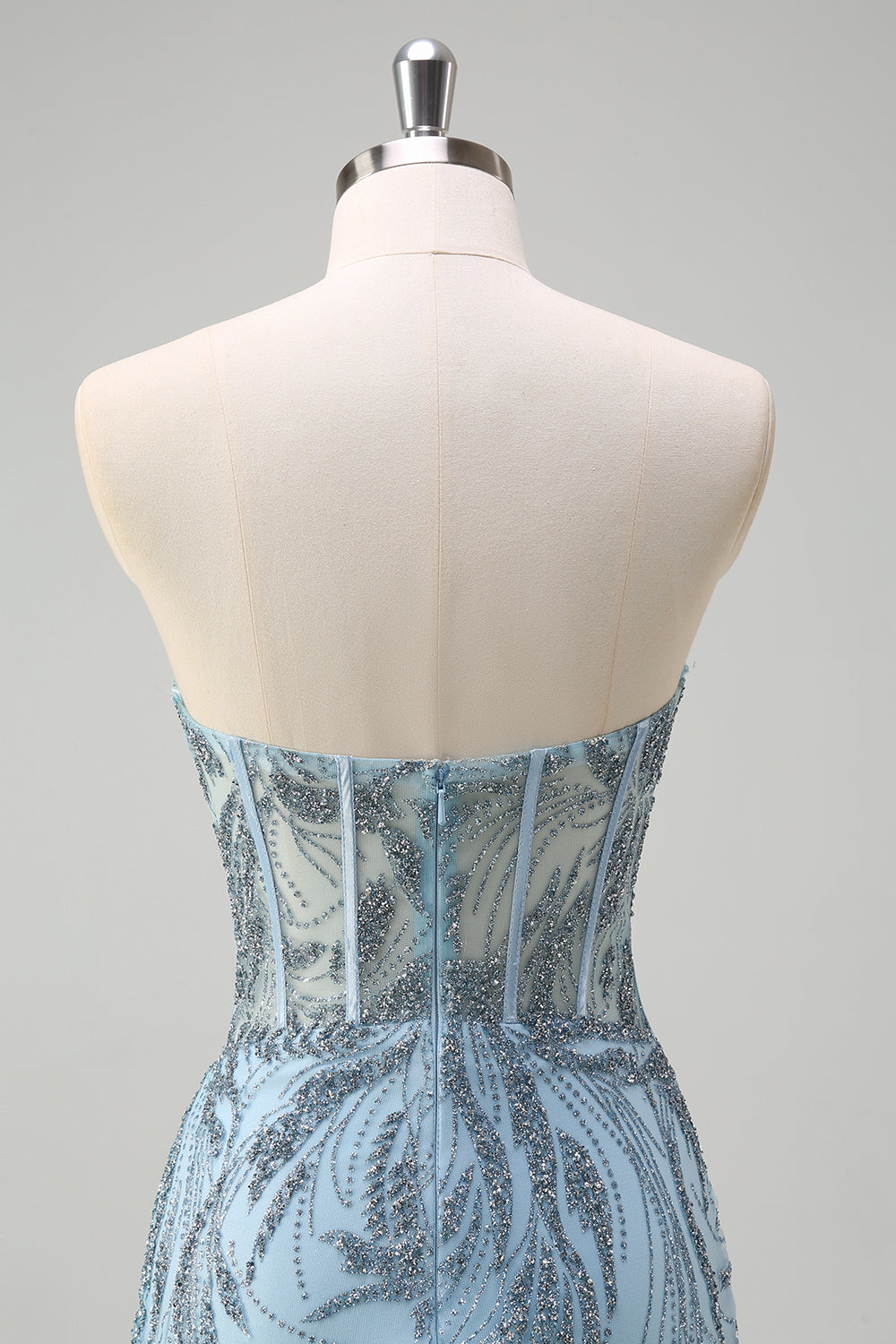 Robe de bal longue perlée corset sirène bleu clair scintillante avec fente