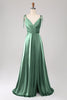 Charger l&#39;image dans la galerie, Simple vert foncé bretelles spaghetti froncé robe de bal avec fente