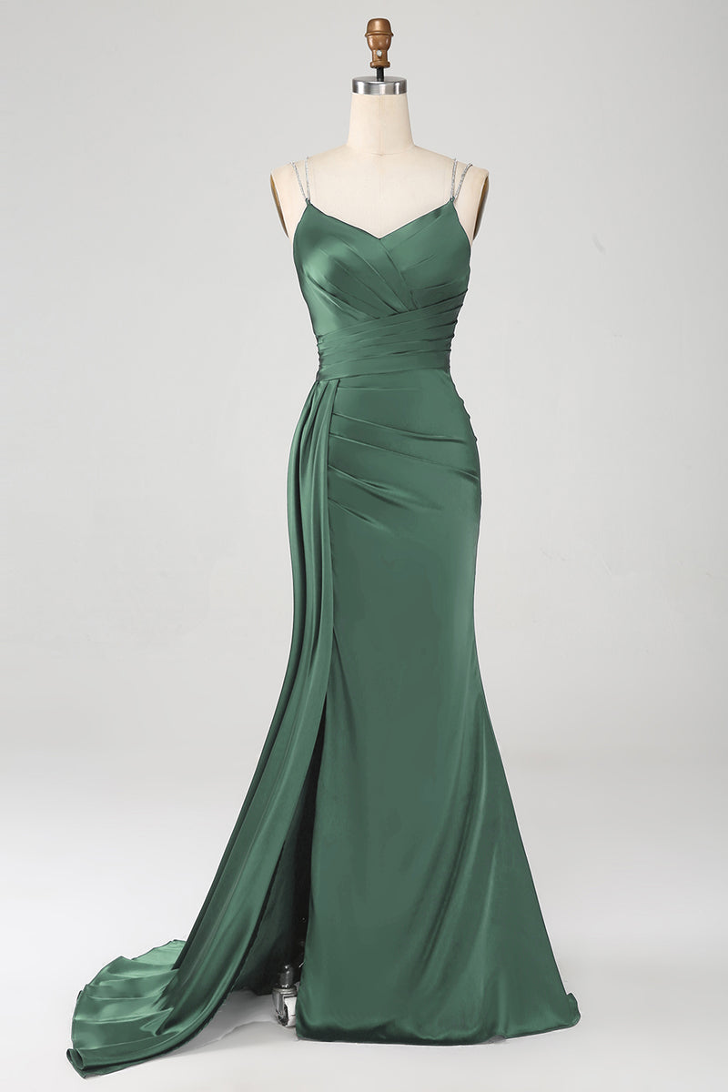 Charger l&#39;image dans la galerie, Sirène Eucalyptus bretelles spaghetti plissé Corset longue robe de soirée avec fente