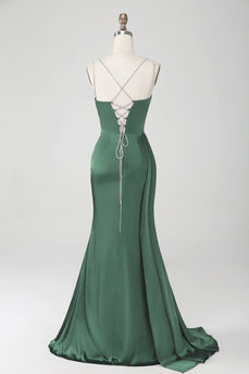 Sirène Eucalyptus bretelles spaghetti plissé Corset longue robe de soirée avec fente