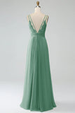 Robe de demoiselle d'honneur longue en mousseline de soie plissée ligne A couleur sauge poussiéreuse