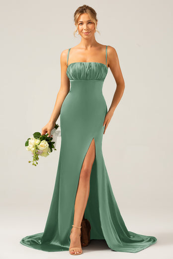 Sirène vert foncé bretelles spaghetti Satin longue robe de demoiselle d’honneur avec plissé