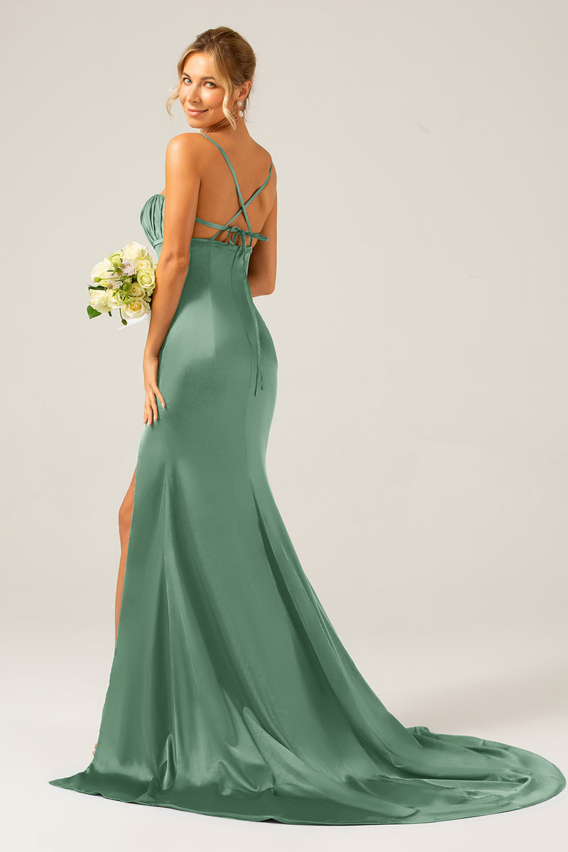 Charger l&#39;image dans la galerie, Sirène vert foncé bretelles spaghetti Satin longue robe de demoiselle d’honneur avec plissé