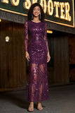 Robe de bal à manches longues violette à col en V et paillettes