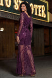 Robe de bal à manches longues violette à col en V et paillettes