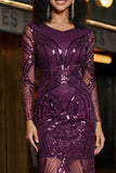 Robe de bal à manches longues violette à col en V et paillettes