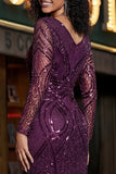 Robe de bal à manches longues violette à col en V et paillettes