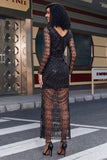Robe noire de bal à manches longues à paillettes à col en V