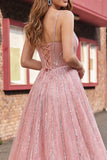 Robe de bal de promo à bretelles fines à blush scintillant avec cape