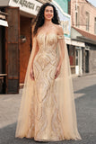 Robe longue de bal à paillettes champagne sirène dénudée avec manches cape
