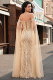 Robe longue de bal à paillettes champagne sirène dénudée avec manches cape