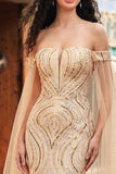 Robe longue de bal à paillettes champagne sirène dénudée avec manches cape