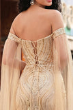 Robe longue de bal à paillettes champagne sirène dénudée avec manches cape
