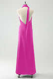 Fuchsia Sheath V-Neck Backless Robe d’invitée de mariage avec fente