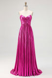 Robe de soirée longue plissée en satin doré chic avec décolleté en V profond et coupe trapèze