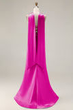 Robe de soirée longue sirène vert clair satin bustier sans bretelles avec fentes latérales et foulard