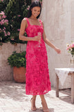 Robe midi bleu à col carré imprimé floral fourreau avec appliques