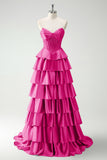 Vert Sweetheart Princesse Satin Tiered Long Corset Robe De Soirée avec Fente