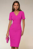 Robe de travail Midi Bodycon Navy à col en V à manches courtes avec fente