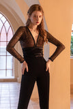 Combinaison longue noire à sequins à col en V et manches longues