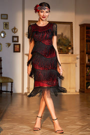 Robe Gatsby rouge et noire à franges et perles style années 20