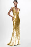 Robe formelle sirène à paillettes à col en V argenté scintillant