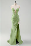 Robe de bal longue avec fente corset sans bretelles sirène vert scintillant