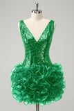 Robe de bal à paillettes à col en V vert foncé scintillante avec volants amovibles