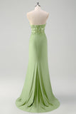 Robe de bal longue avec fente corset sans bretelles sirène vert scintillant