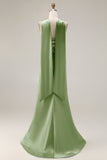 Robe de soirée longue sirène vert clair satin bustier sans bretelles avec fentes latérales et foulard