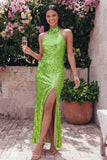 Robe invité de mariage longue dorée à sequins avec col doré et fente