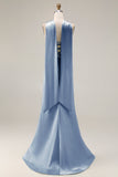 Robe de soirée longue sirène vert clair satin bustier sans bretelles avec fentes latérales et foulard