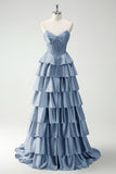 Vert Sweetheart Princesse Satin Tiered Long Corset Robe De Soirée avec Fente