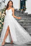 Blanc A-ligne spaghetti bretelles appliques tulle longue robe de soirée de mariage avec fente