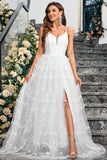 Blanc A-ligne spaghetti bretelles appliques tulle longue robe de soirée de mariage avec fente