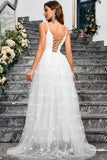 Blanc A-ligne spaghetti bretelles appliques tulle longue robe de soirée de mariage avec fente