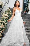 Blanc A-ligne spaghetti bretelles appliques tulle longue robe de soirée de mariage avec fente