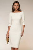 Robe professionnelle midi bleu marine col bâteau manches 3/4 coupe ajustée