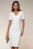 Robe de travail Midi Bodycon Navy à col en V à manches courtes avec fente
