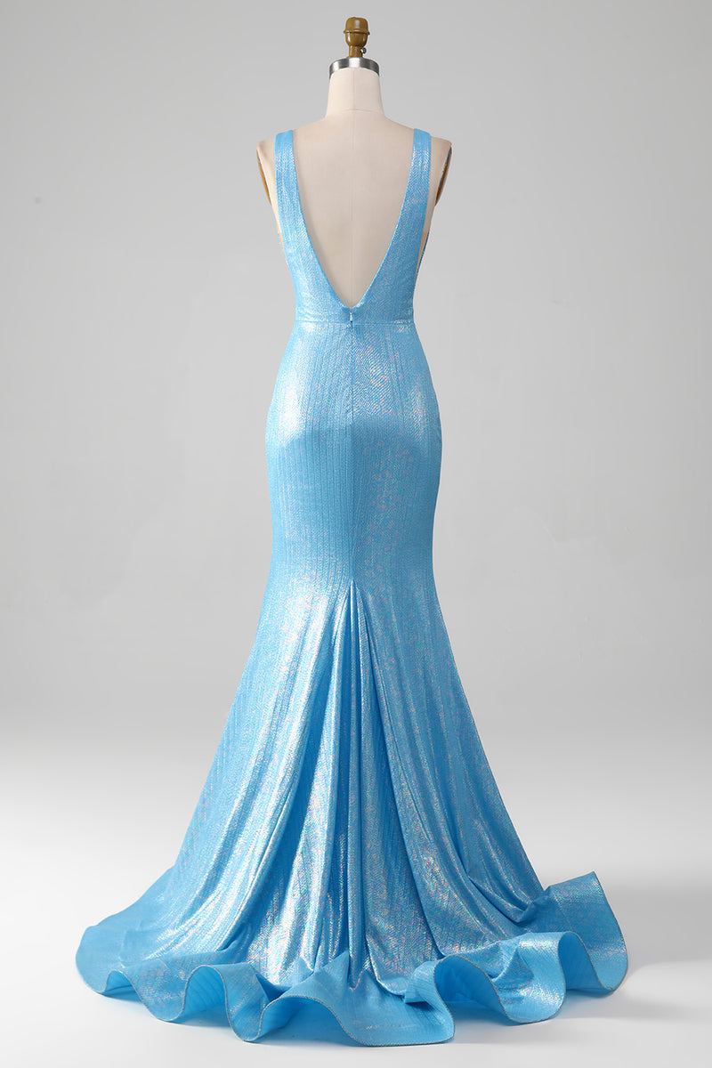 Charger l&#39;image dans la galerie, Robe de Soirée sirène à col en V bleu pailleté