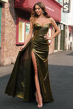 Robe de soirée longue sans bretelles sirène dorée scintillante avec fente