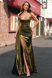 Robe de soirée longue sans bretelles sirène dorée scintillante avec fente