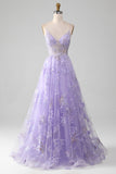 Robe de Soirée violette à paillettes trapèze avec broderie